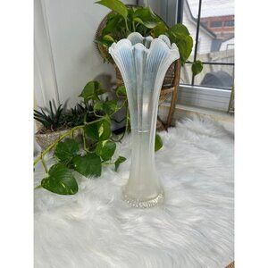 Carnival glass iridescent white swung/ripple/wave vase scratched inside